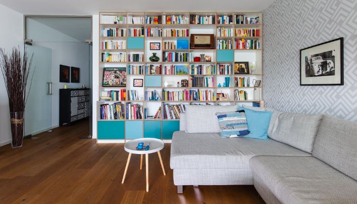 room with bookshelf on one wall